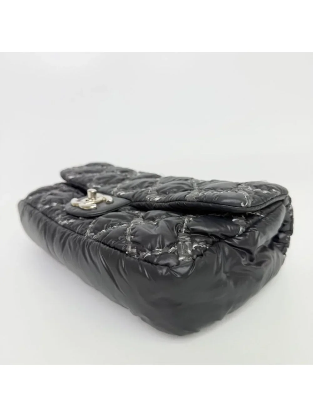 Chanel Quilted Tweed on Stitch Bubble Flap Shoulder Bag Nylon Black Silver Seal
